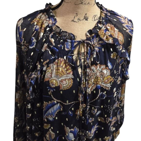 Tamara H. BLUE AND GOLD Floral Print Sheer sleeve Peasant‎ Blouse Plus Size 3X - Picture 5 of 10